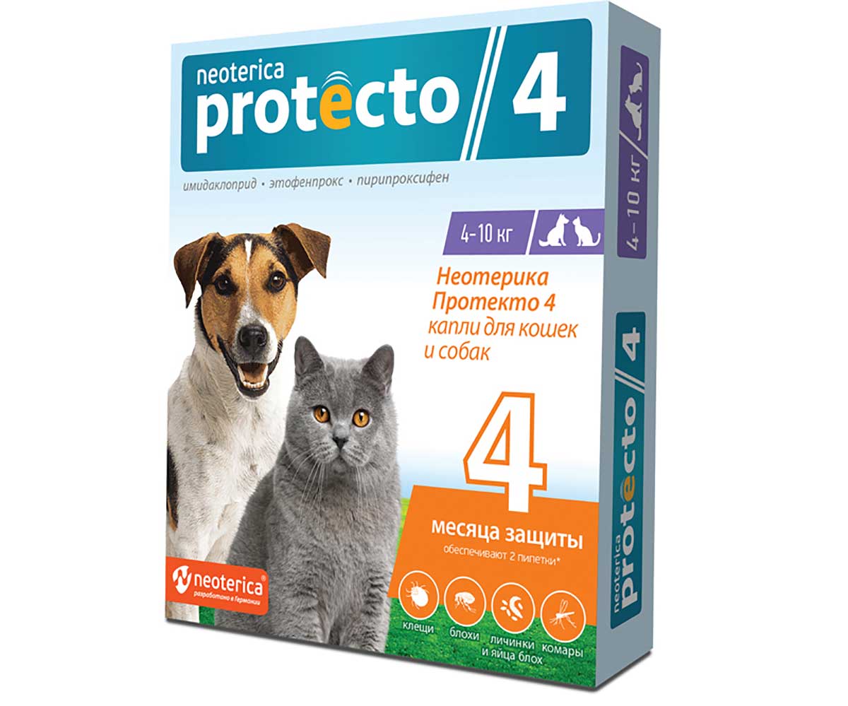Protecto (Протекто) Капли Для Кошек и Собак 4-10кг От Блох Клещей и Комаров P302 Neoterica (Неотерика)