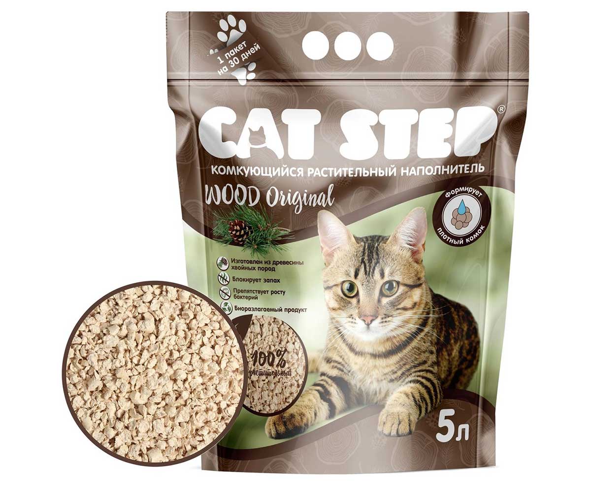 Наполнитель Для Кошачьего Туалета Cat Step (Кэт Степ) Wood Original Комкующийся Растительный 5л