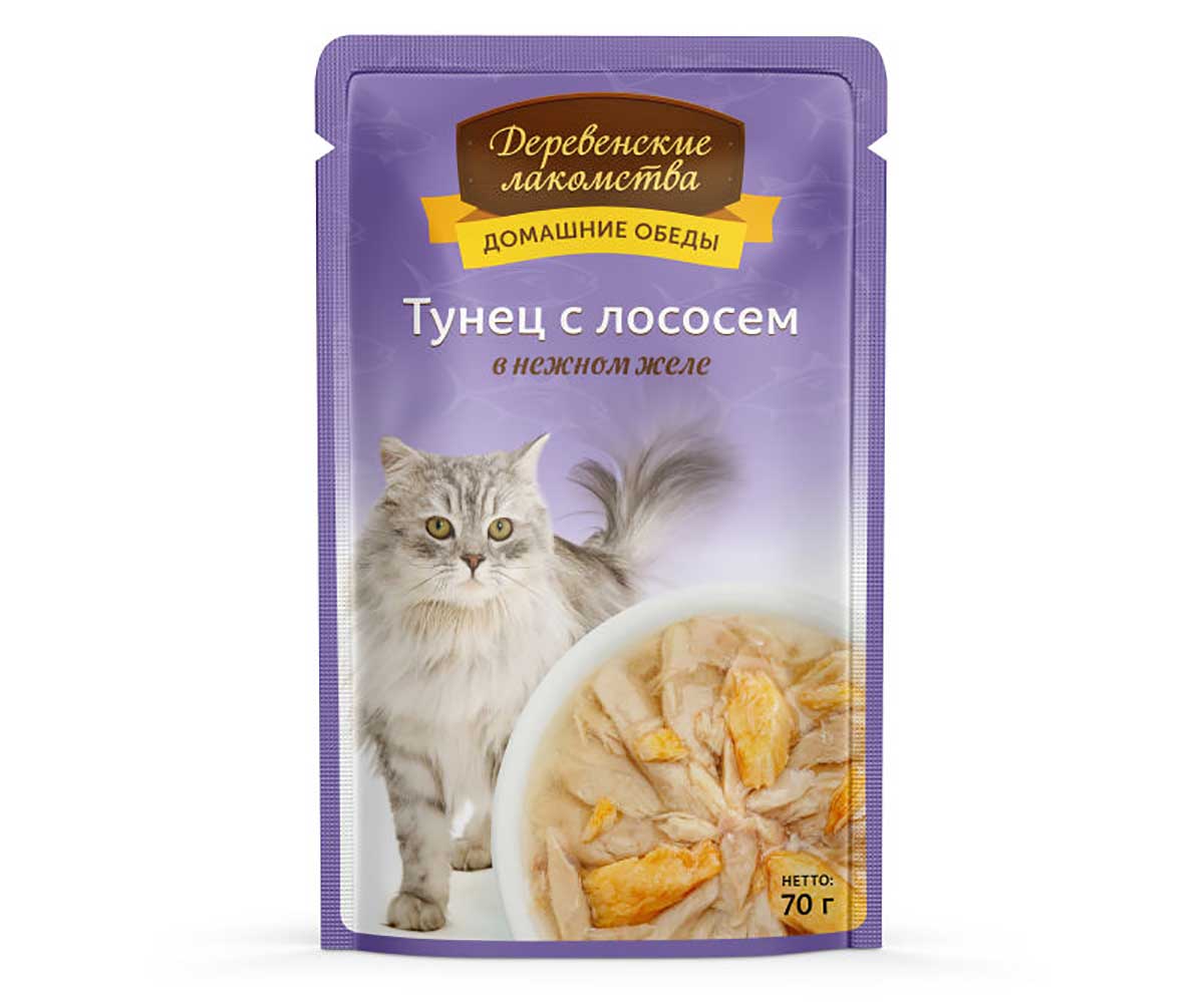 Влажный Корм Деревенские Лакомства Для Кошек Тунец и Лосось в Желе 70г Пауч 74500592