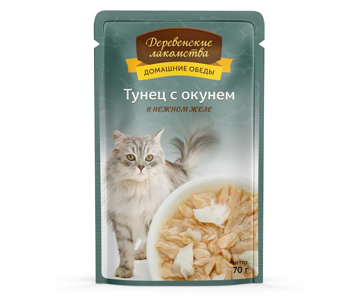 Влажный Корм Деревенские Лакомства Для Кошек Тунец и Окунь в Желе 70г Пауч 74500608