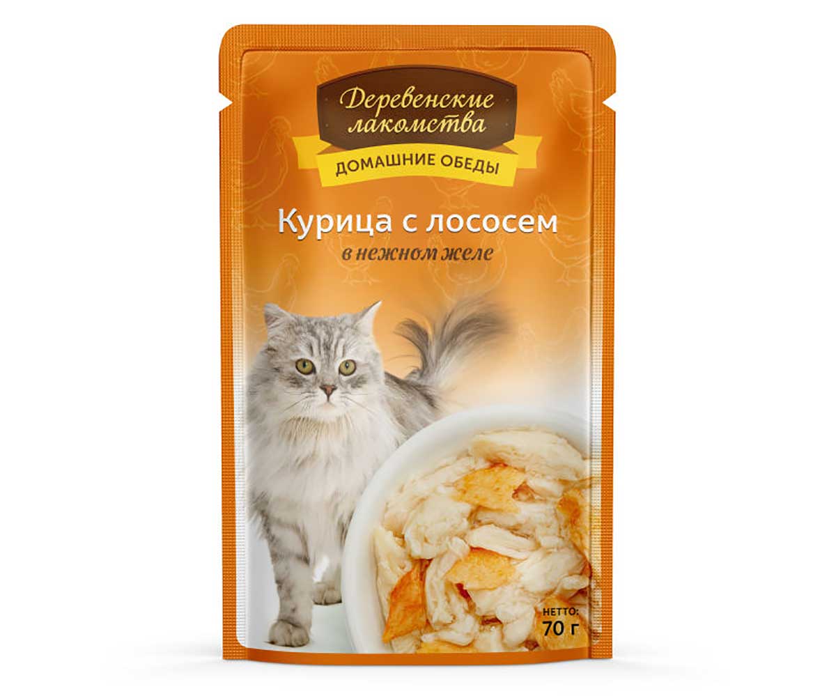 Влажный Корм Деревенские Лакомства Для Кошек Курица и Лосось в Желе 70г Пауч 74500639