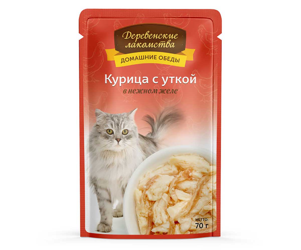 Влажный Корм Деревенские Лакомства Для Кошек Курица и Утка в Желе 70г Пауч 74500646