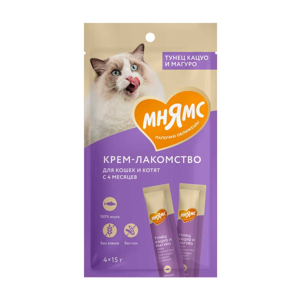 Крем-Лакомство Для Кошек Мнямс Тунец Кацуо и Магуро 15г 4шт