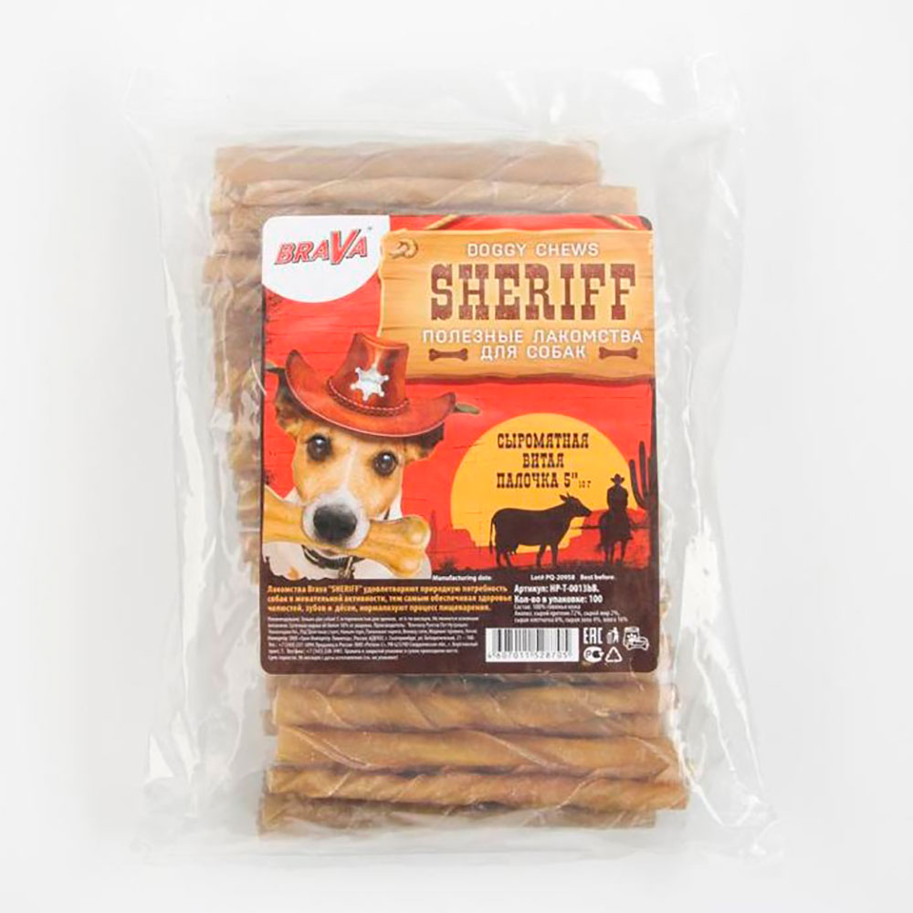 Лакомство Для Собак Brava (Брава) Шериф Sheriff Сыромятная Витая Палочка 5" 12,5см 5г 100шт Hp-T-0013b