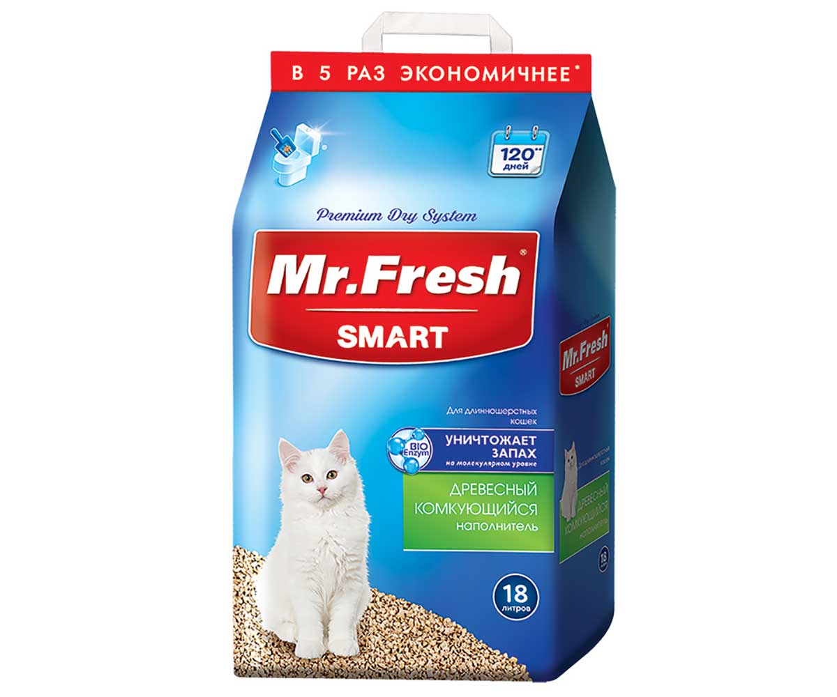 Наполнитель Для Кошачьего Туалета Mr.Fresh (Мистер Фреш) Smart Древесный Комкующийся Для Длинношерстных Кошек 18л F606