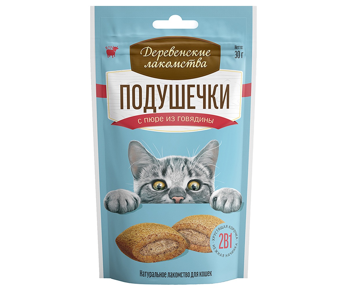 Подушечки с Пюре Из Говядины Деревенские Лакомства Для Кошек 30г 79207750