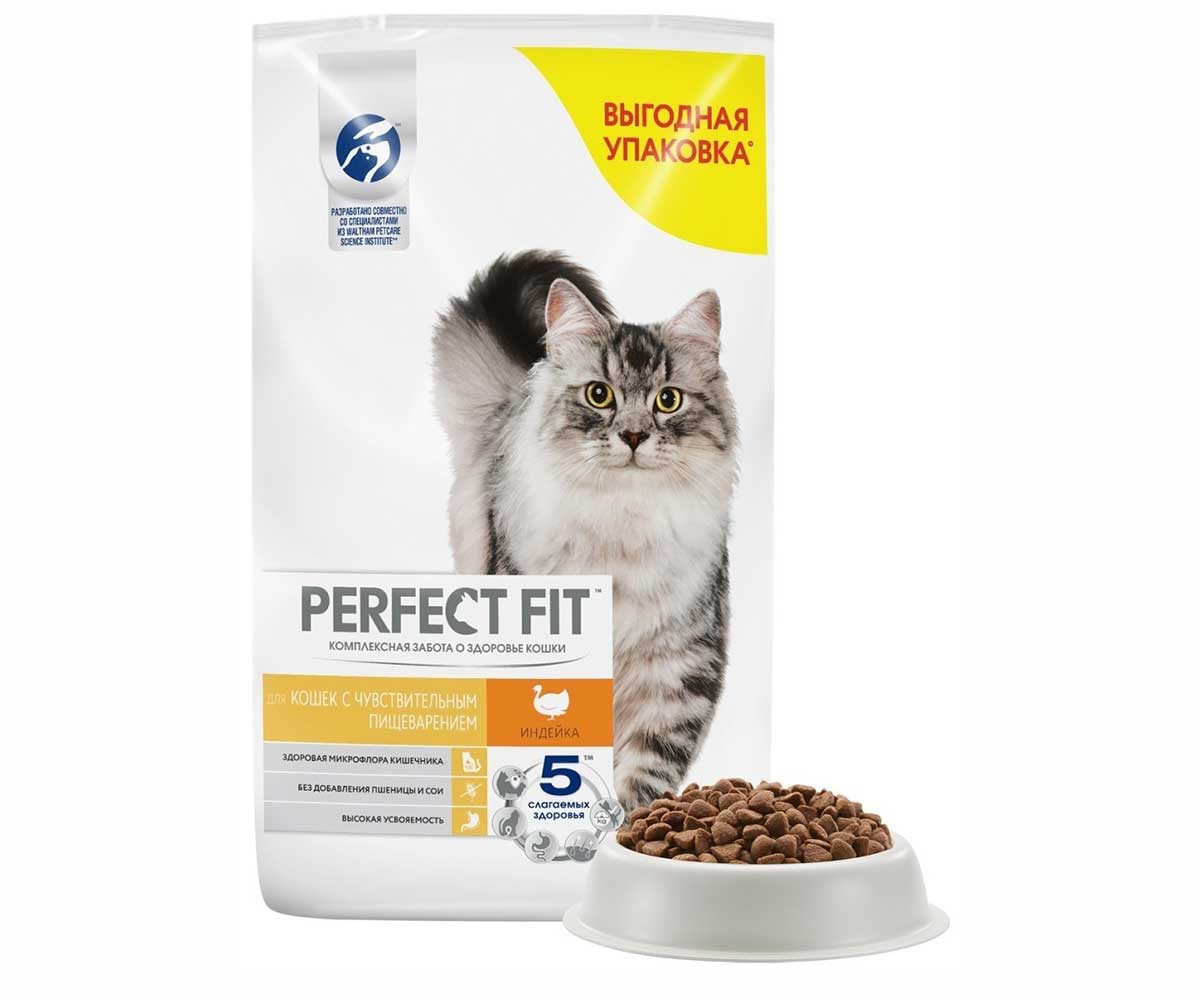 Сухой Корм Perfect Fit (Перфект Фит) Для Кошек с Чувствительным Пищеварением При Аллергии Индейка Sensitive 10кг