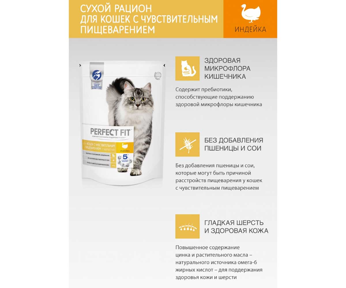 Сухой Корм Perfect Fit (Перфект Фит) Для Кошек с Чувствительным Пищеварением При Аллергии Индейка Sensitive 10кг
