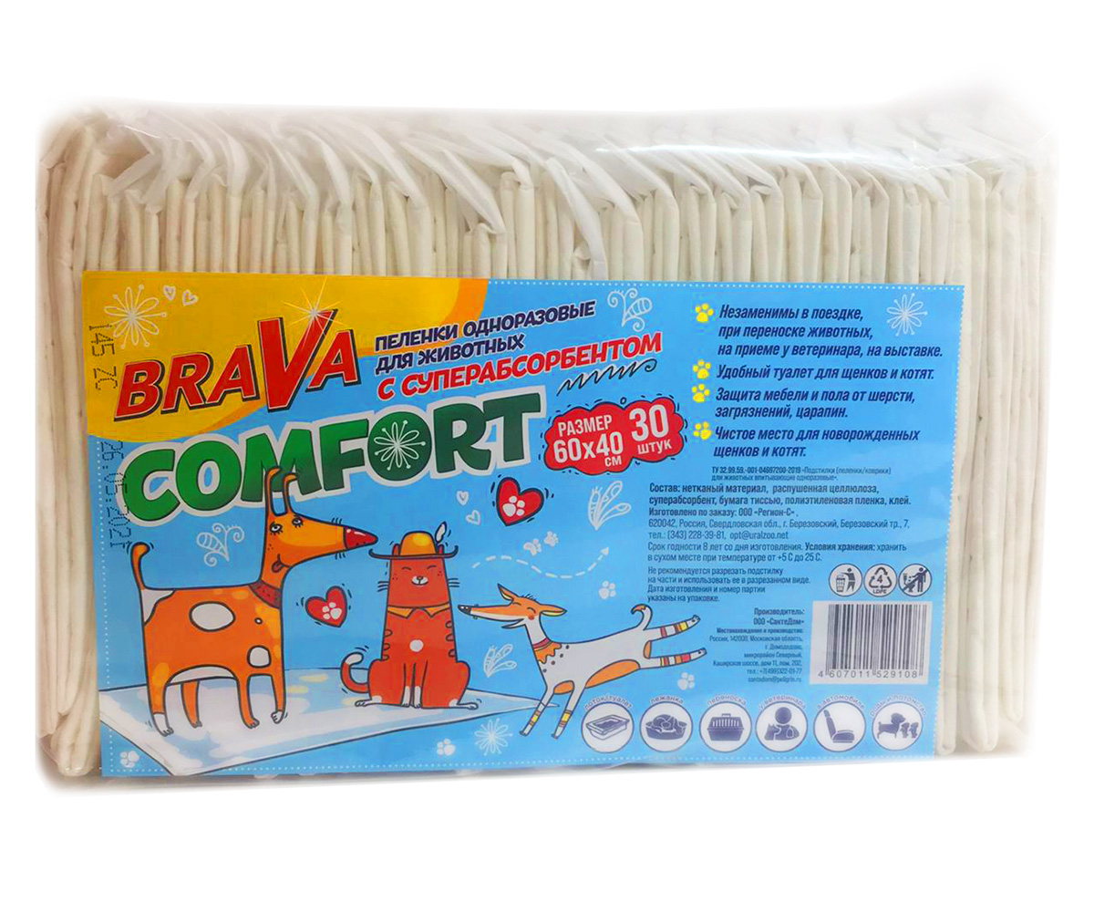Пеленки Для Кошек и Собак Brava (Брава) Comfort с Суперабсорбентом 60*40см 30шт