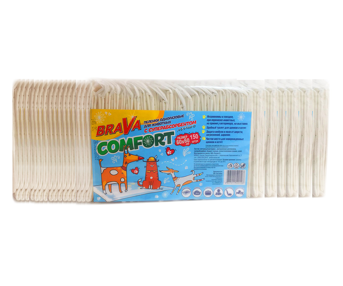 Пеленки Для Кошек и Собак Brava (Брава) Comfort с Суперабсорбентом 60*60см 150шт