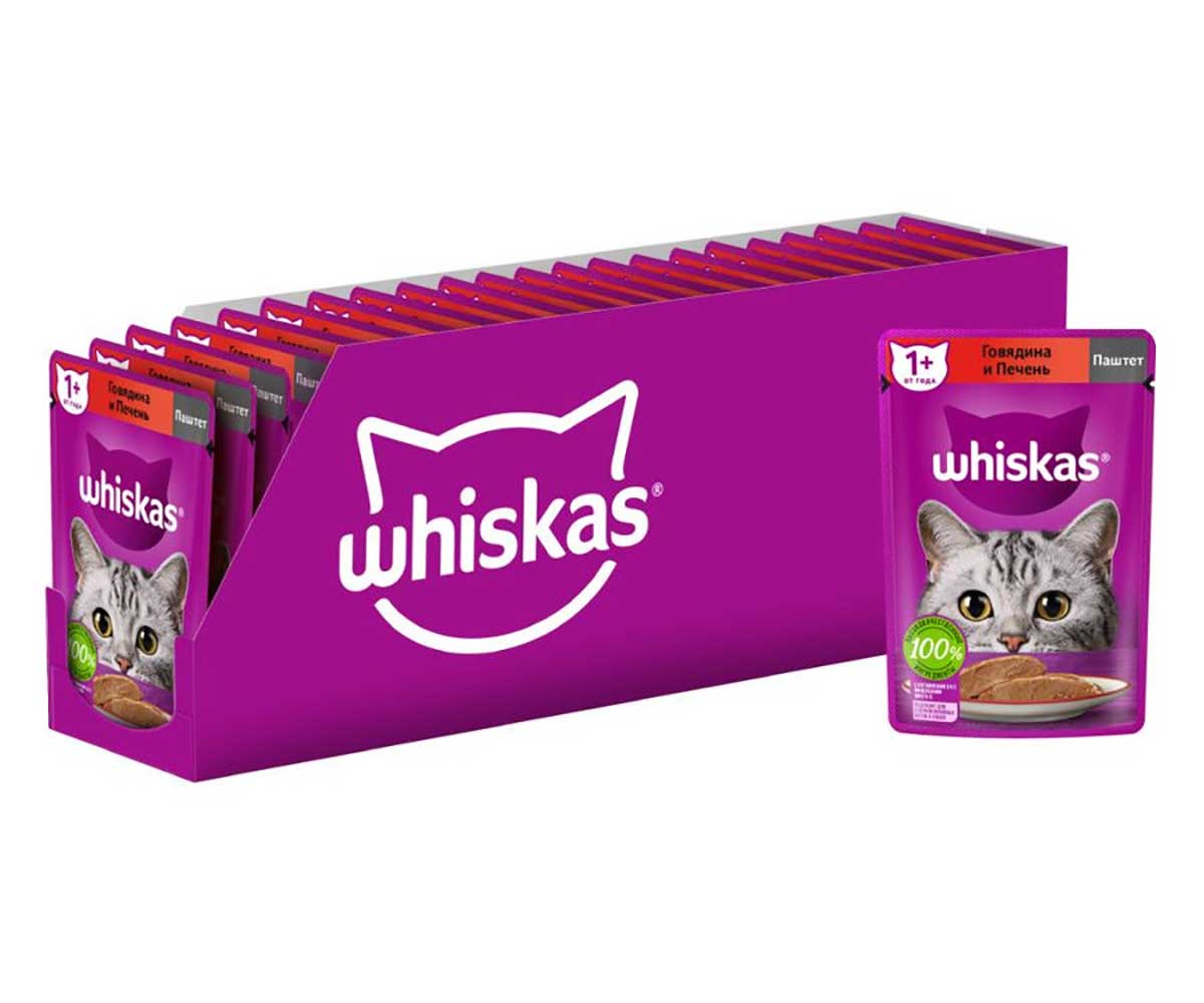 Влажный Корм Whiskas (Вискас) Для Кошек Мясной Паштет Говядина и Печень 75г (1*28)