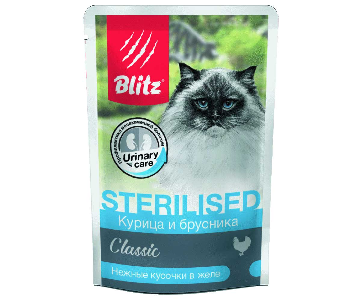 Влажный Корм Blitz (Блиц) Для Стерилизованных Кошек Курица и Брусника в Желе Classic Chicken & lingonberry in Jelly Sterilised Adult Cat All Breeds 85г 681082