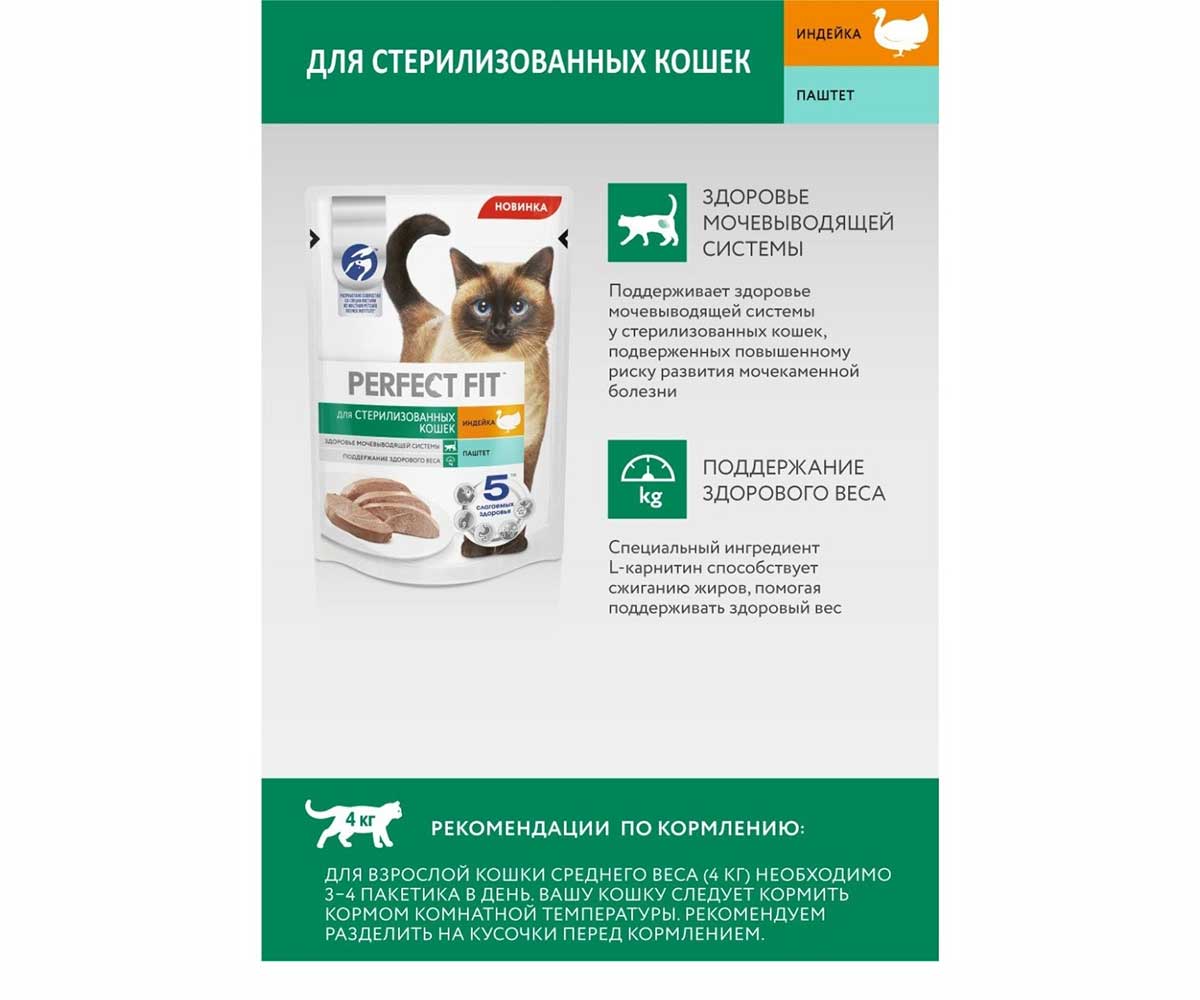 Влажный Корм Perfect Fit (Перфект Фит) Для Стерилизованных Кошек Индейка Паштет 75г (1*28)
