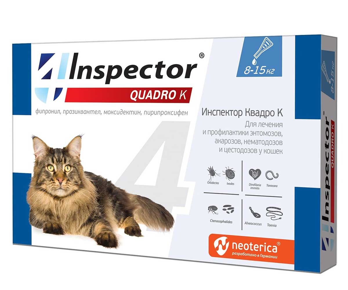 Inspector Quadro (Инспектор Куадро) Капли Против Внешних и Внутренних Паразитов Для Кошек 8-15кг I303