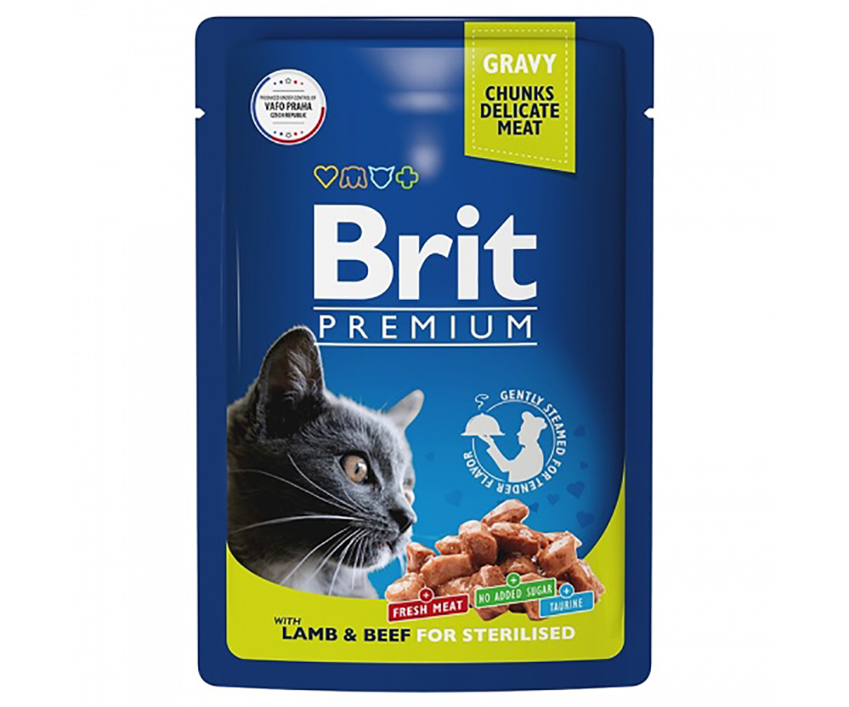 Влажный Корм Brit (Брит) Для Стерилизованных Кошек Ягненок и Говядина в Соусе Premium Cat Lamb & Beef For Sterilised 85г 5048922 (1*24)