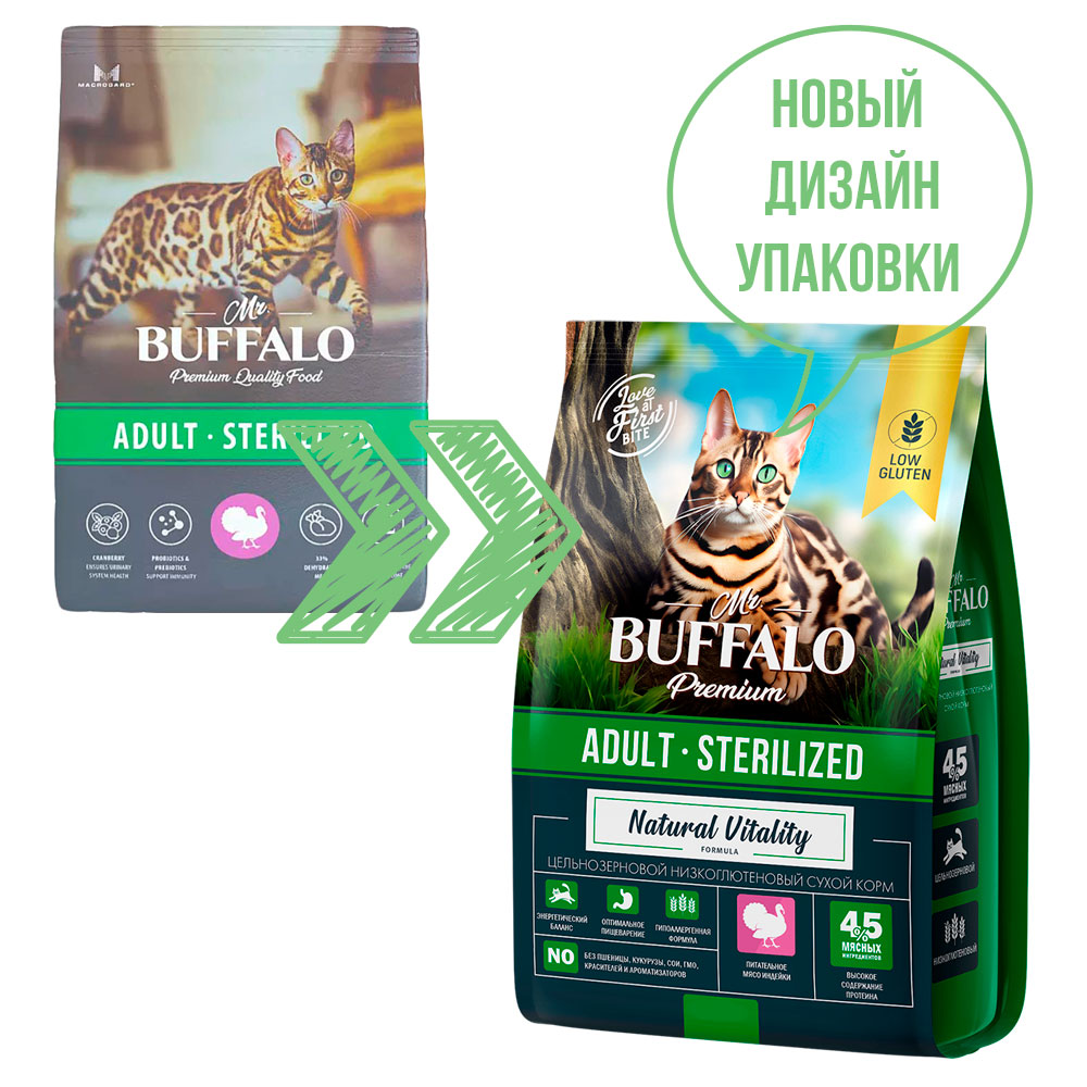 Сухой Корм Mr.Buffalo (Мистер Буффало) Для Стерилизованных Кошек Индейка Adult Sterilized 10кг B117