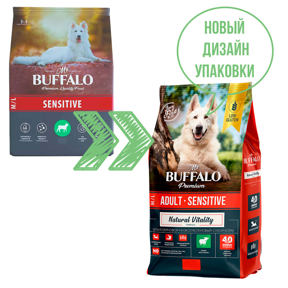 Сухой Корм Mr.Buffalo (Мистер Буффало) Для Собак Средних и Крупных Пород с Чувствительным Пищеварением Ягненок Adult M/L Sensitive 14кг B134