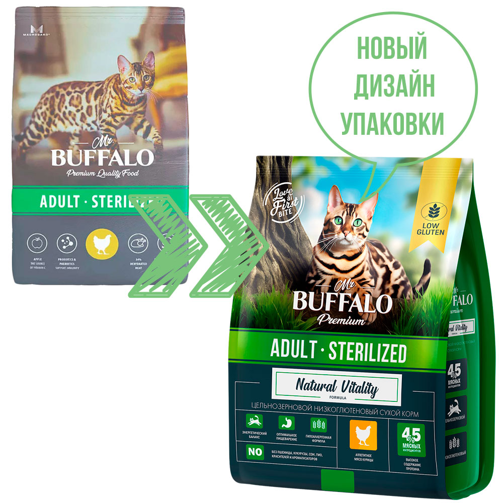 Сухой Корм Mr.Buffalo (Мистер Буффало) Для Стерилизованных Кошек Курица Adult Sterilized 400г B112