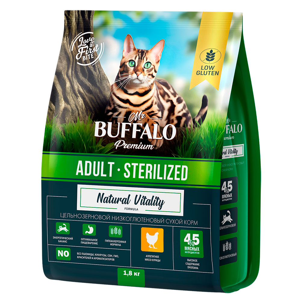 Сухой Корм Mr.Buffalo (Мистер Буффало) Для Стерилизованных Кошек Курица Adult Sterilized 1,8кг B113