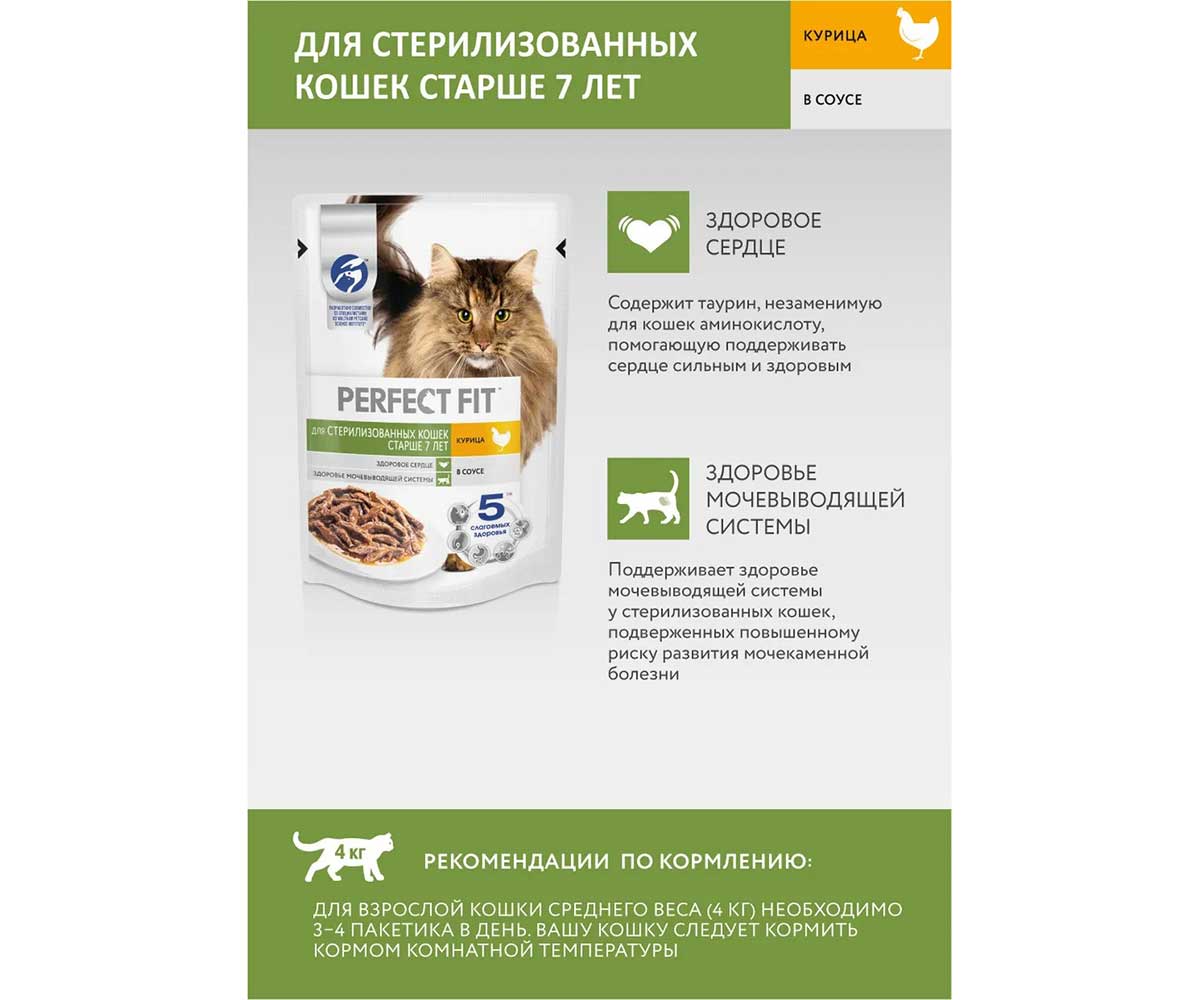 Влажный Корм Perfect Fit (Перфект Фит) Для Стерилизованных Кошек Старше 7 Лет Курица в Соусе 75г (1*28)
