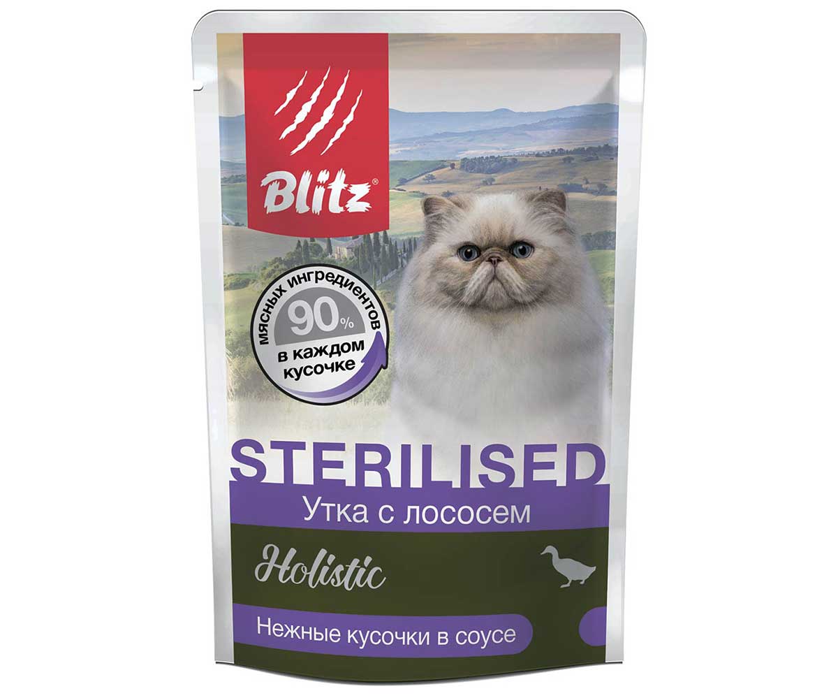 Влажный Корм Blitz (Блиц) Для Стерилизованных Кошек Утка и Лосось в Соусе Holistic Sterilised Cat Duck & Salmon in Gravy 85г 681723