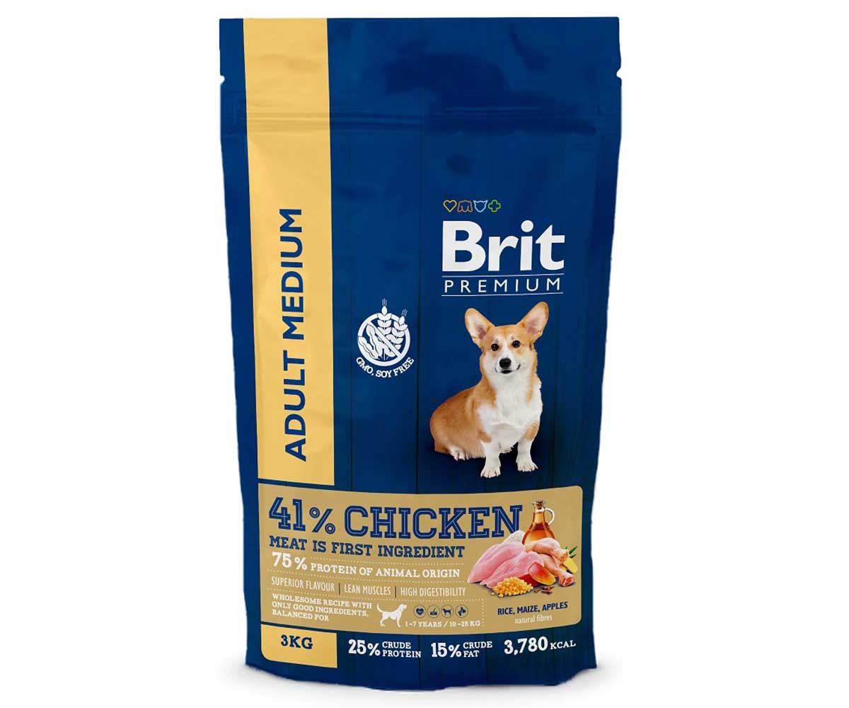 Сухой Корм Brit (Брит) Для Собак Средних Пород  От 10-25кг Курица Premium Dog Adult Medium 3кг 5049950