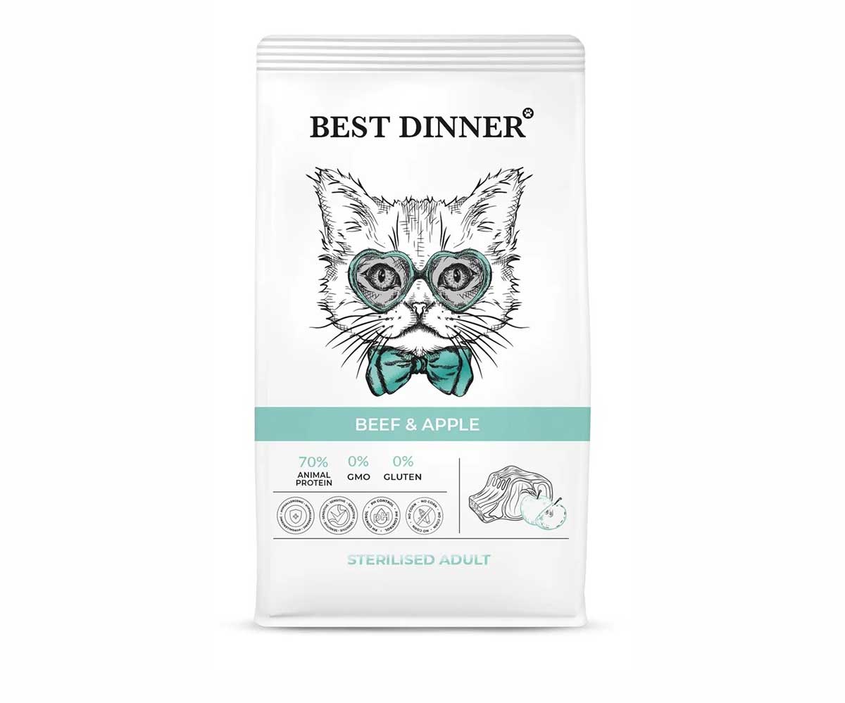 сухой Корм Best Dinner (Бест Диннер) Для Стерилизованных Кошек с Чувствительным Пищеварением Говядина и Яблоко Cat Adult Sterilized 400г