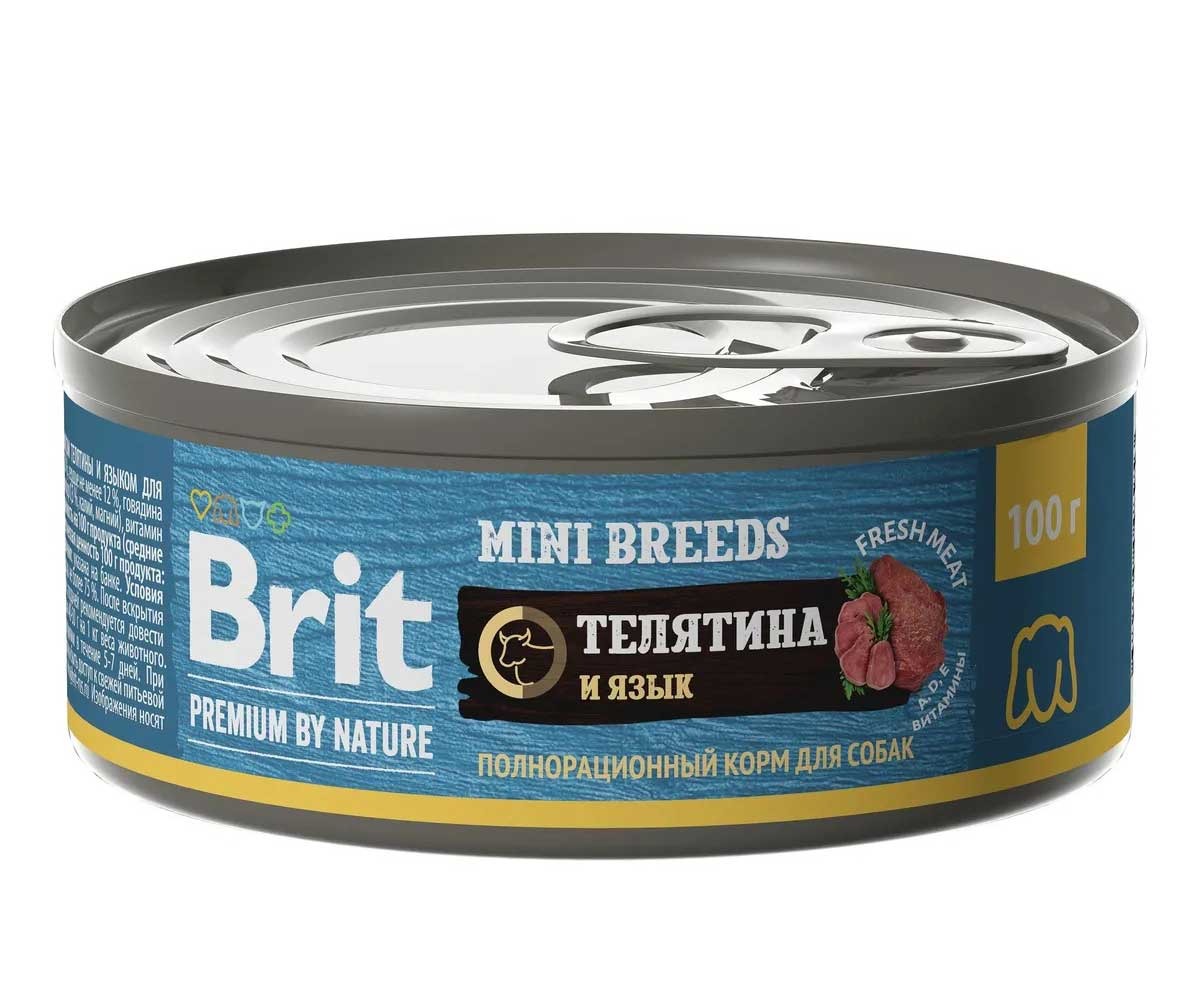 Консервы Brit (Брит) Для Собак Мелких Пород Телятина и Язык Premium By Nature 100г 5048953