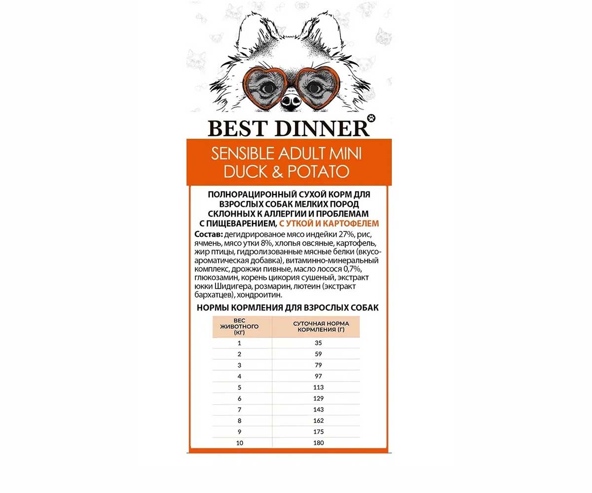 Сухой Корм Best Dinner (Бест Диннер) Для Собак Мелких Пород с Чувствительным Пищеварением Утка и Картофель Adult Mini 3кг
