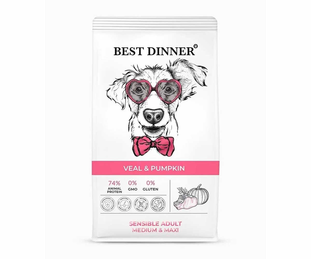 Сухой Корм Best Dinner (Бест Диннер) Для Собак Средних и Крупных Пород с Чувствительным Пищеварением Телятина и Тыква Adult Medium & Maxi 3кг