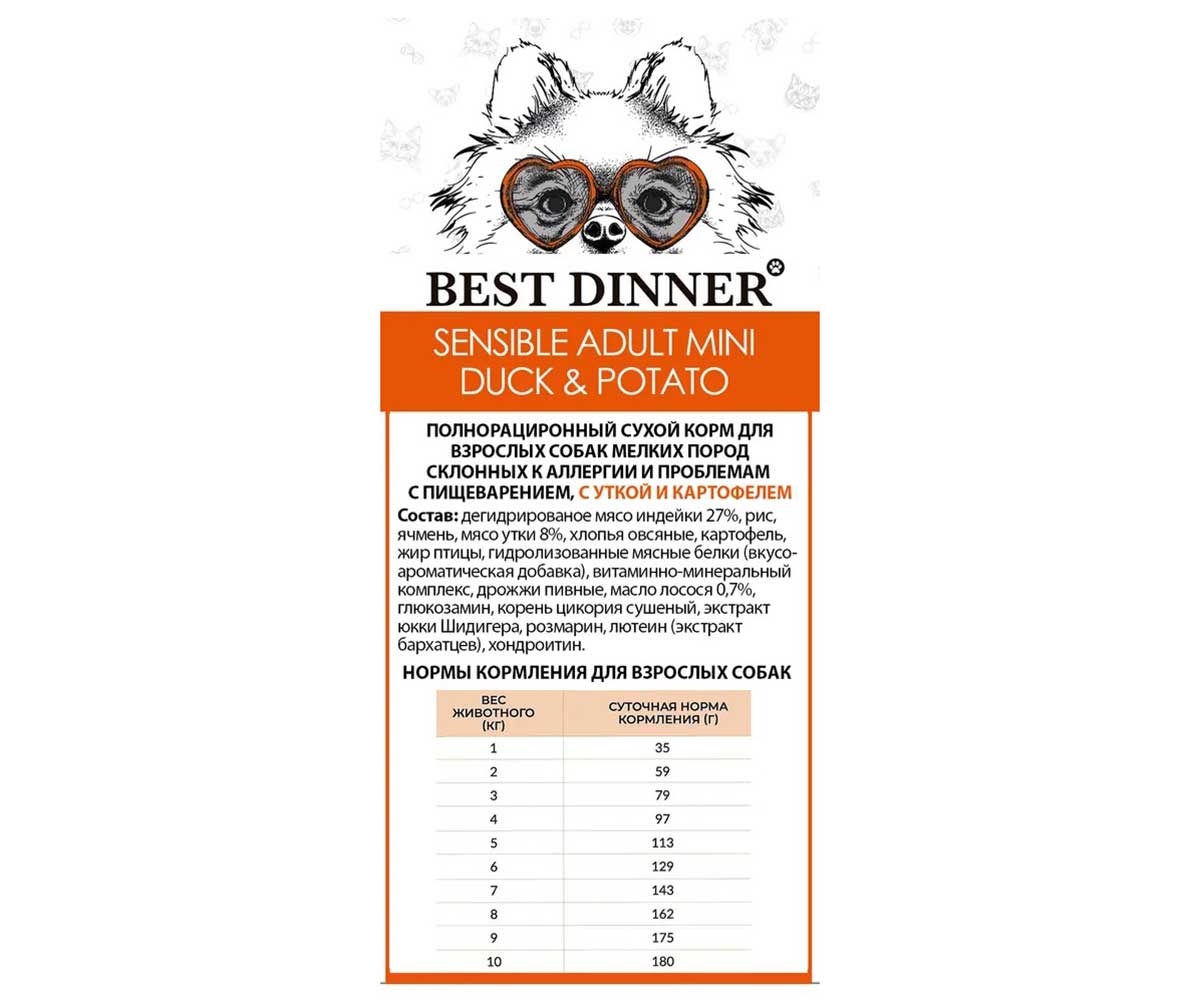 Сухой Корм Best Dinner (Бест Диннер) Для Собак Мелких Пород с Чувствительным Пищеварением Утка и Картофель Adult Mini 1,5кг