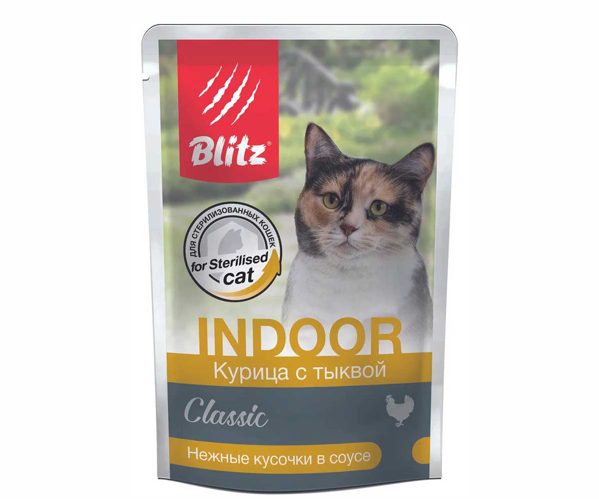 Влажный Корм Blitz (Блиц) Для Кошек Живущих Дома Курица и Тыква в Соусе Indoor 85г 681808