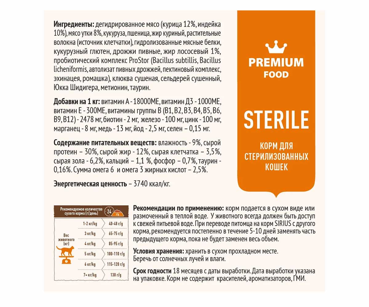 Сухой Корм Sirius (Сириус) Для Стерилизованных Кошек Утка и Клюква 400г (1*24)
