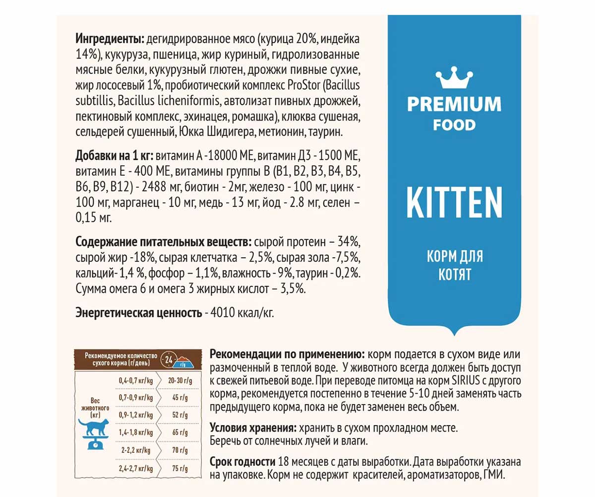 Сухой Корм Sirius (Сириус) Для Котят Индейка 400г (1*24)