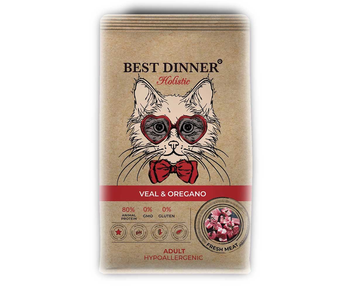 Сухой Корм Best Dinner (Бест Диннер) Для Кошек Гипоаллергенный Телятина и Орегано Holistic Hypoallergenic Cat Adult 400г 78101
