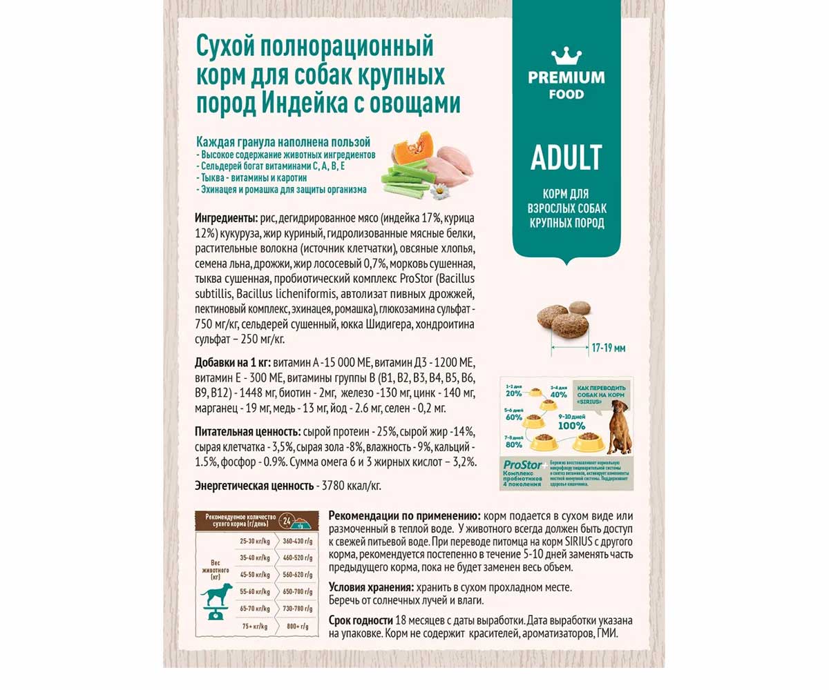 Сухой Корм Sirius (Сириус) Для Собак Крупных Пород Индейка и Овощи 2кг