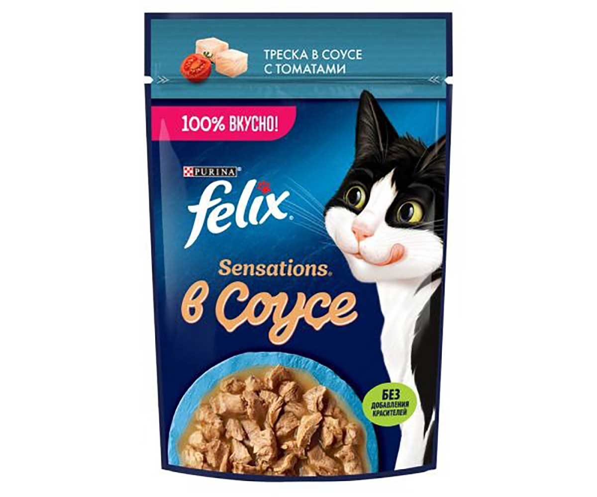 Влажный Корм Felix (Феликс) Для Кошек Треска и Томат в Соусе Sensation 75г (1*26)