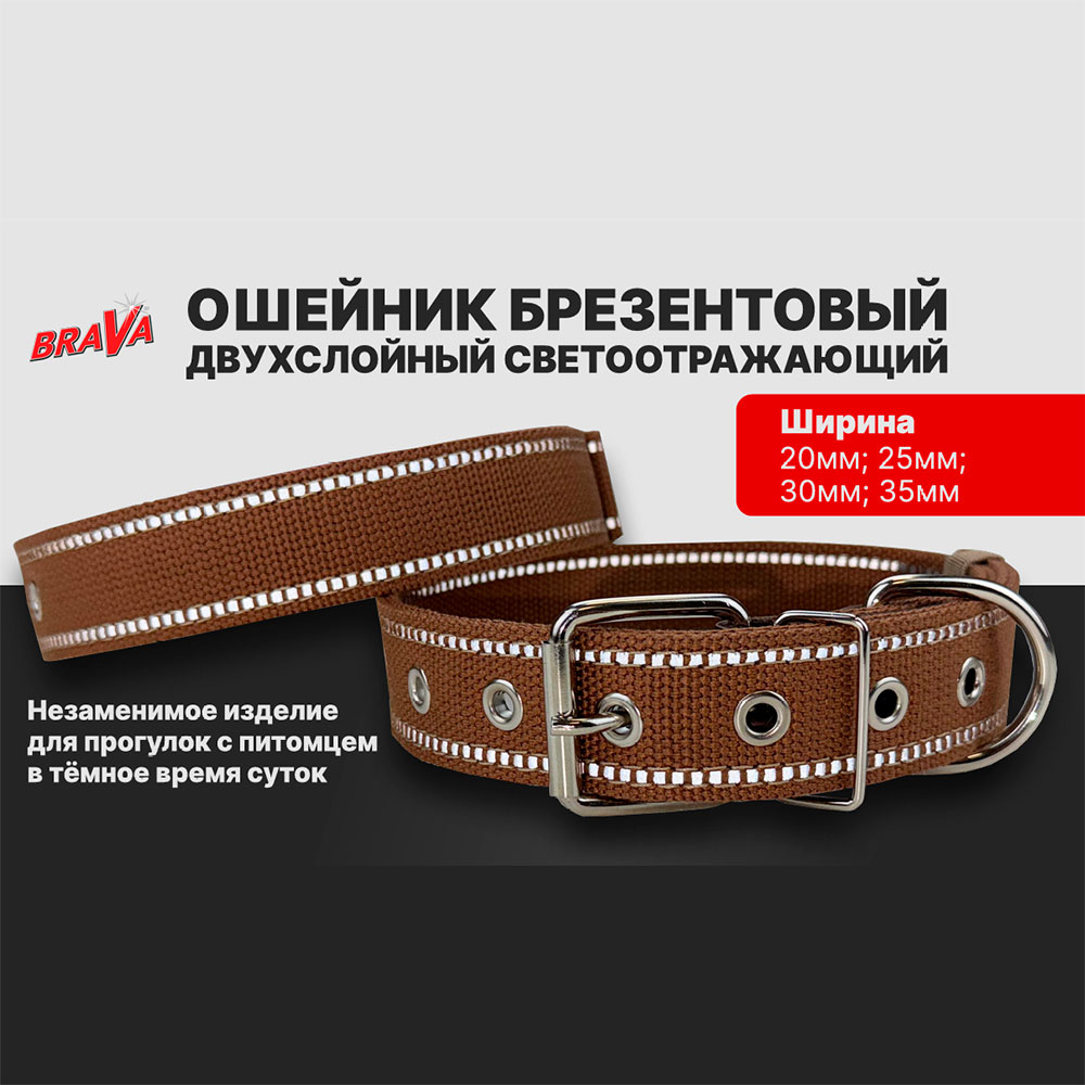 Ошейник Для Собак Мелких и Средних Пород Brava (Брава) №20 ОШ 32-47см 2-Слоя Брезент Светоотражающий Арт1003