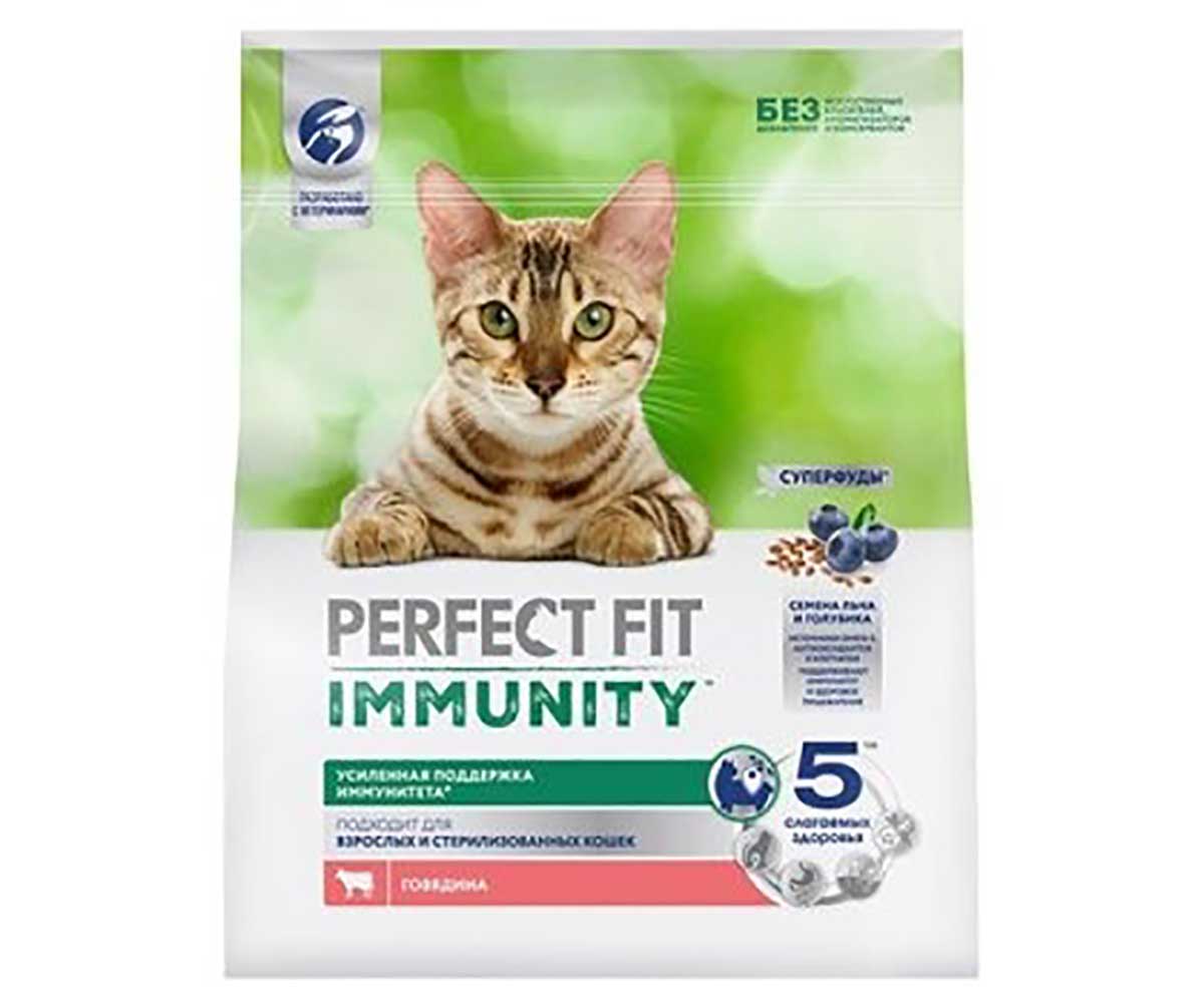 Сухой Корм Perfect Fit (Перфект Фит) Для Кошек Иммунитет Говядина, Лен и Голубика 1,1кг (1*6)