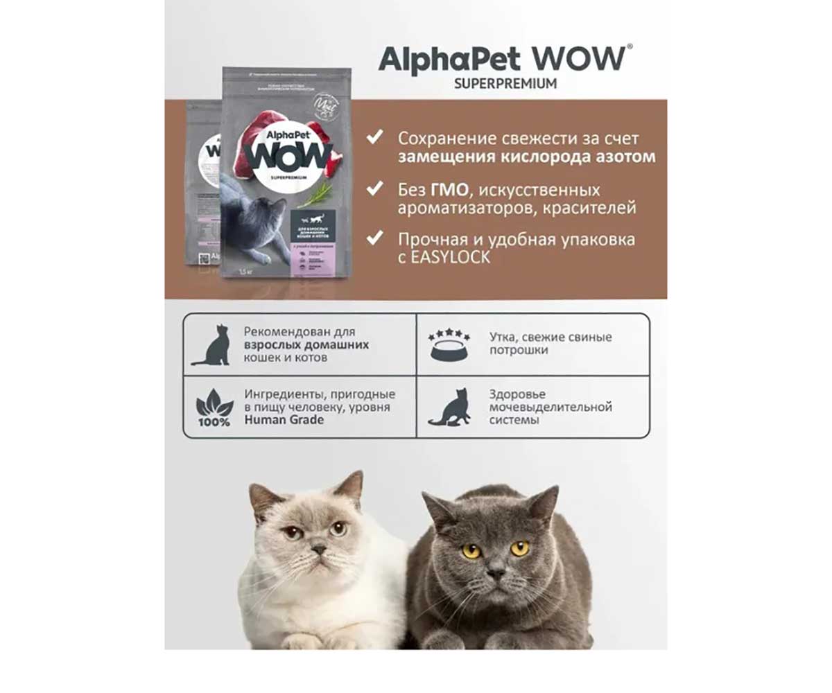 Сухой Корм Alphapet (Альфапет) Wow Для Кошек, Живущих Дома Утка и Потрошки 1,5кг Superpremium 50648