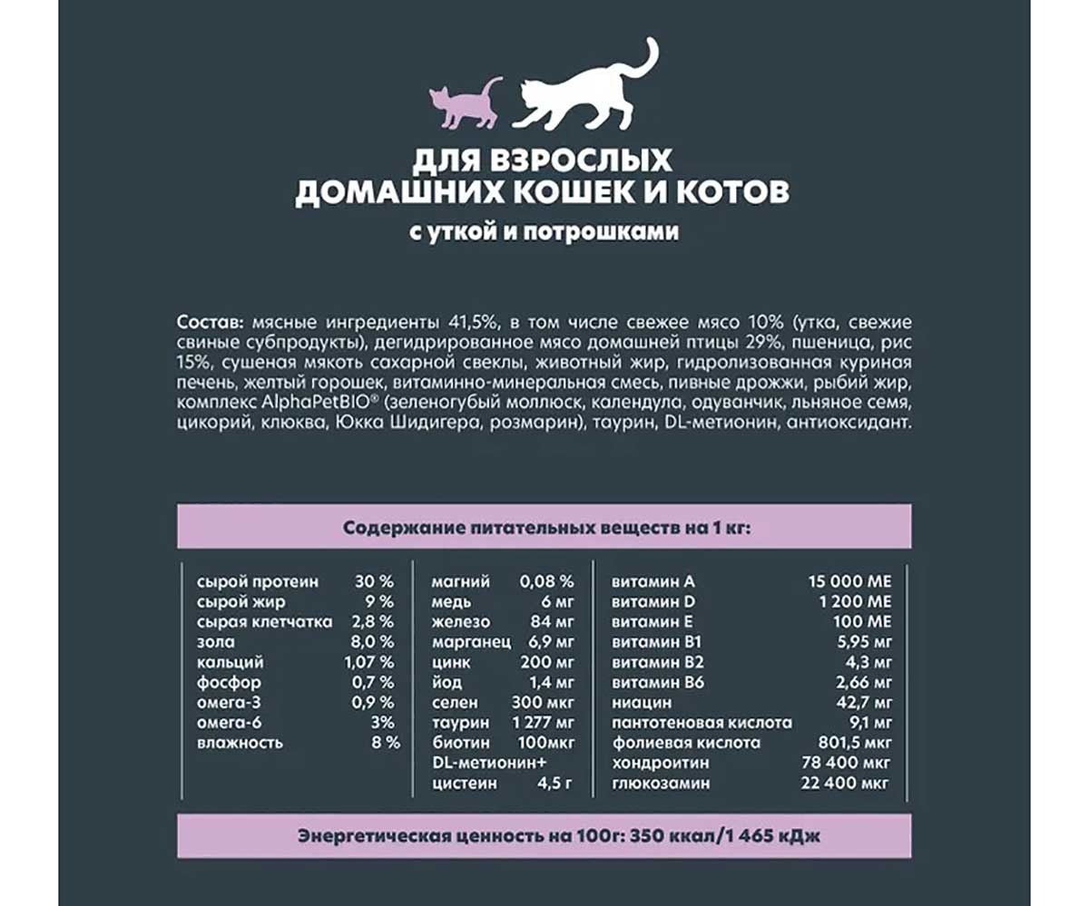 Сухой Корм Alphapet (Альфапет) Wow Для Кошек, Живущих Дома Утка и Потрошки 1,5кг Superpremium 50648