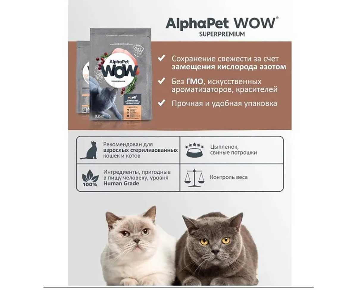 Сухой Корм Alphapet Wow (Альфапет Воу) Для Стерилизованных Кошек Цыпленок 1,5кг 50877