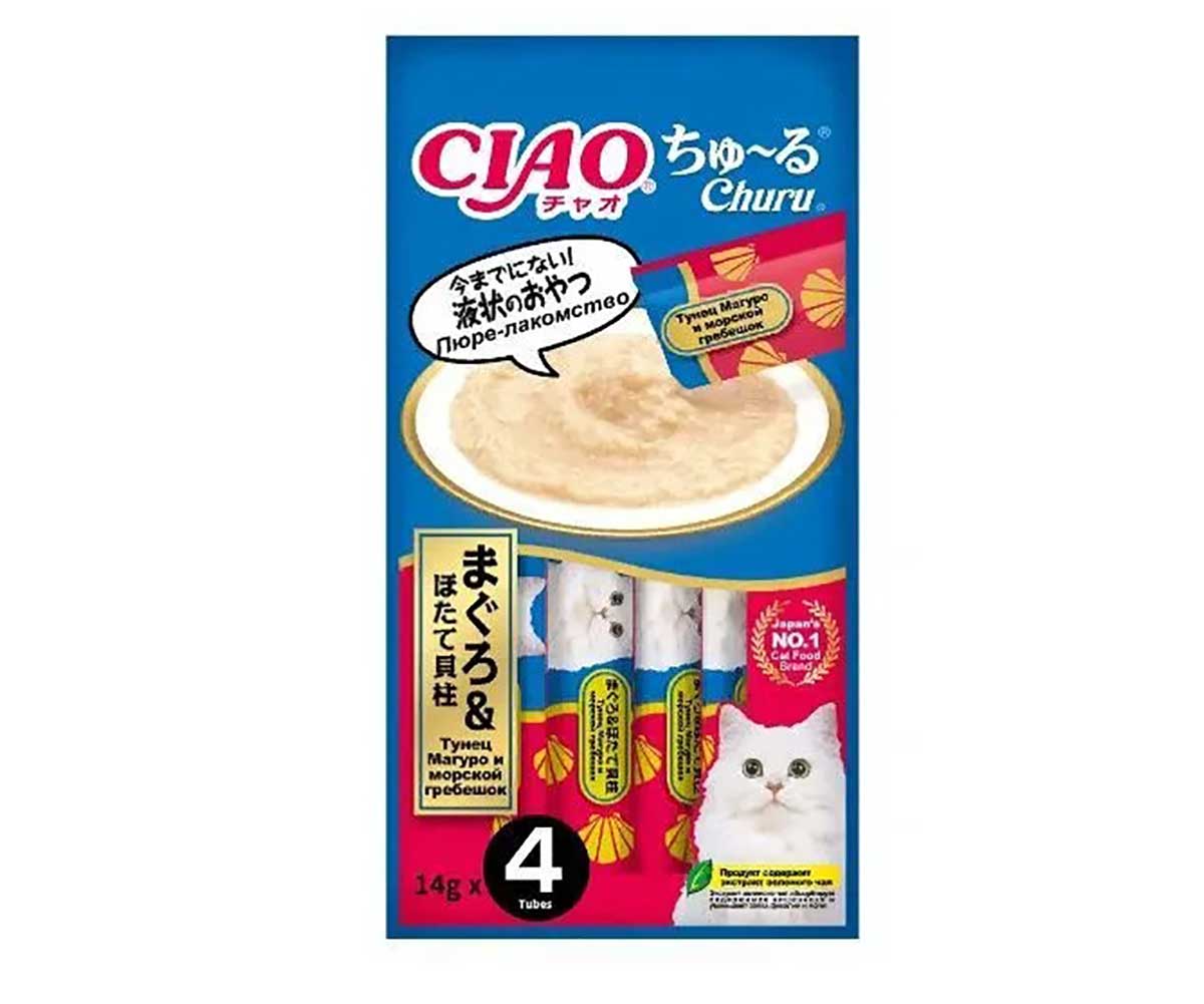 Лакомство Inaba (Инабе) Ciao Churu Для Кошек 14г*4 Пюре Тунец Магуро и Морской Гребешок