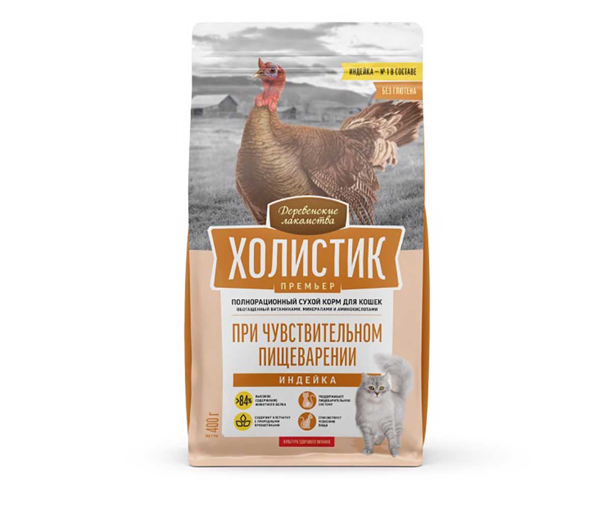 Сухой Корм Деревенские Лакомств Для Кошек с Чувствительным Пищеварением Индейка Холистик Премьер 400г 79213133