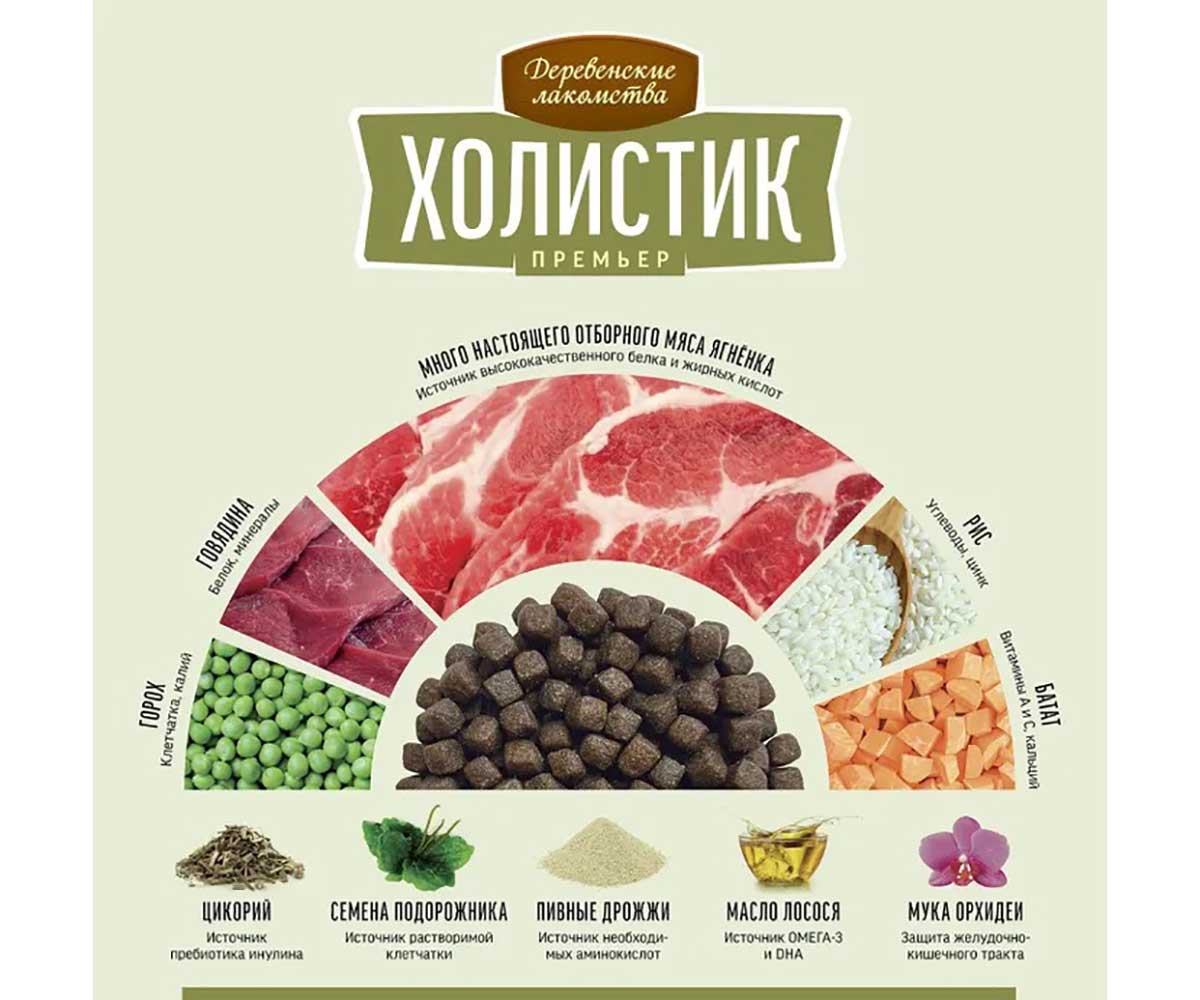 Сухой Корм Деревенские Лакомства Для Собак Мелких Пород Ягненок и Рис Холистик Премьер 7кг 79213355