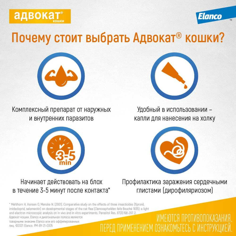 Адвокат Капли Для Кошек 4-8кг От Чесоточных Клещей, Блох и Гельминтов 0,8мл 1-Пипетка На Холку Elanco (Эланко)