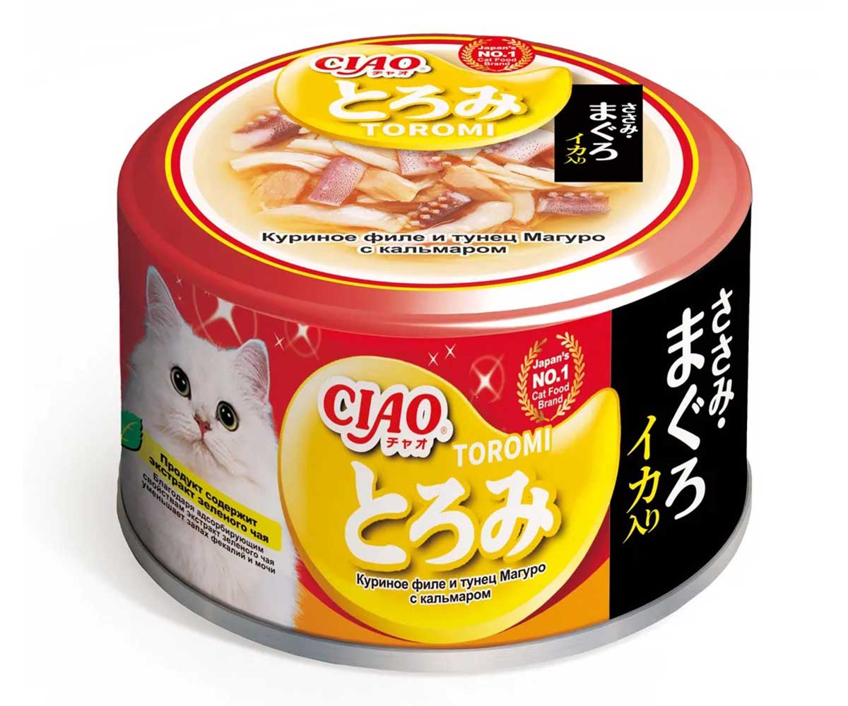 Консервы Inaba (Инаба) Ciao Toromi Для Кошек Филе Курицы, Тунец Магуро и Кальмар в Бульоне 80г (1*24)