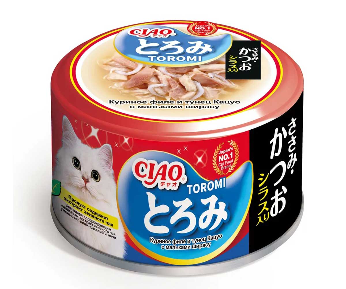 Консервы Inaba (Инаба) Ciao Toromi Для Кошек Филе Курицы, Тунец Кацуо и Мальки Ширасу в Бульоне 80г (1*24)