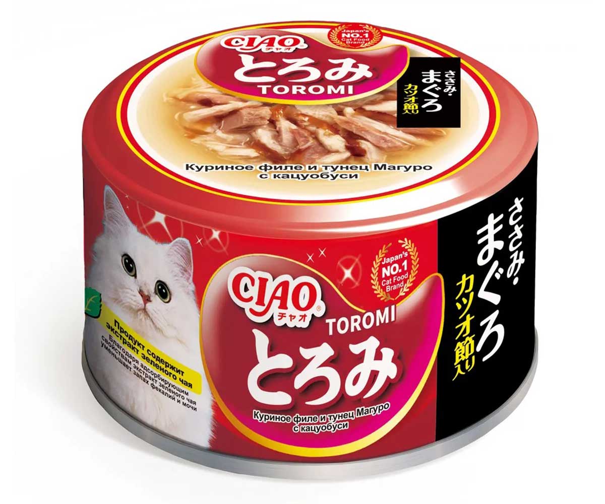 Консервы Inaba (Инаба) Ciao Toromi Для Кошек Филе Курицы и Тунец Магуро с Кацуобуси в Бульоне 80г (1*24)