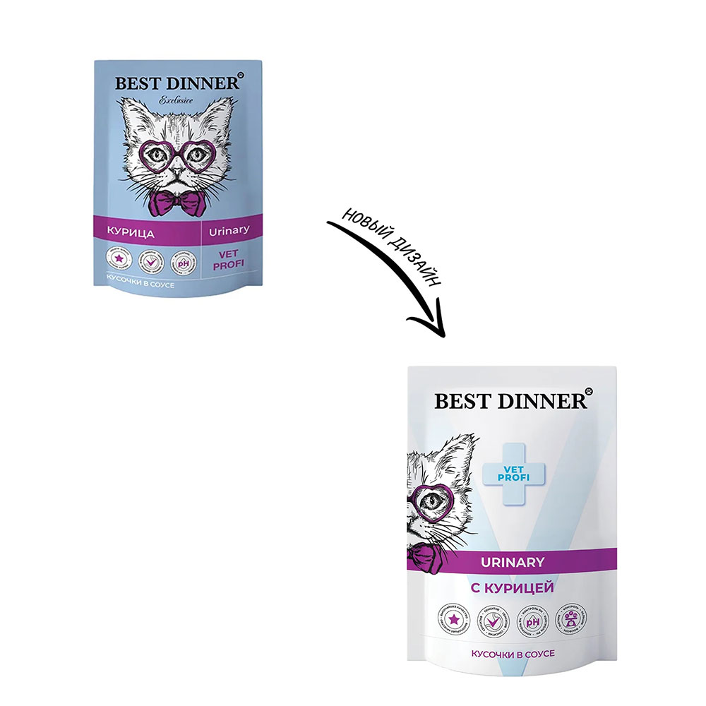 Лечебный Влажный Корм Best Dinner (Бест Диннер) Vet Profi Urinary Для Кошек При Мочекаменной Болезни Курица Кусочки в Соусе Exclusive 85г 7447